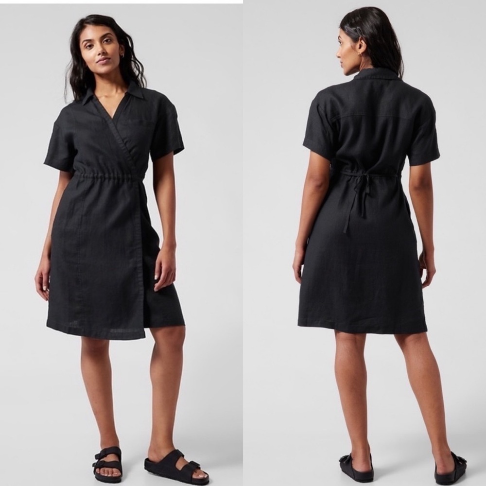 NWT Athleta Size 6 Black Playa Wrap Dress Linen Mini Semi-fitted Short Sleeve